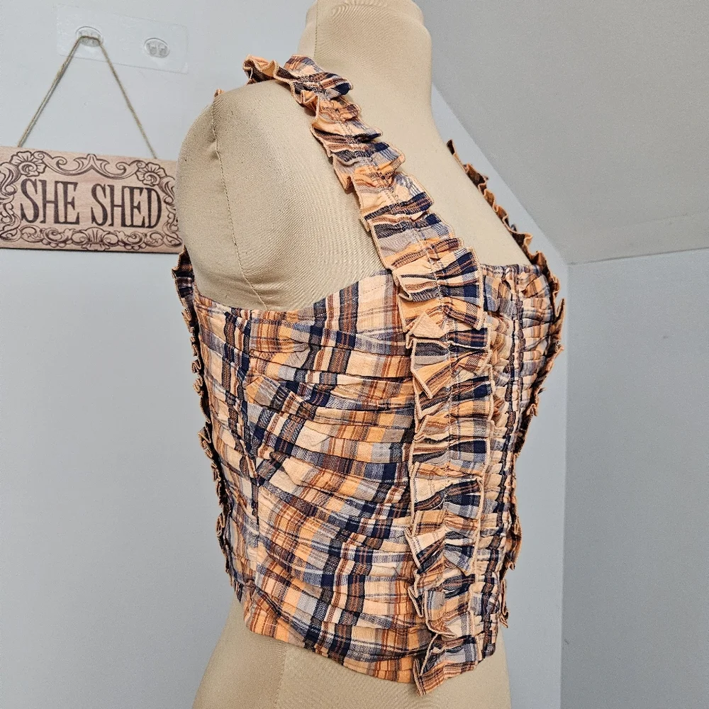 Anthropologie Verb Plaid Ruffle‎ Crop Top Orange Blue Y2K Cottagecore Prairie